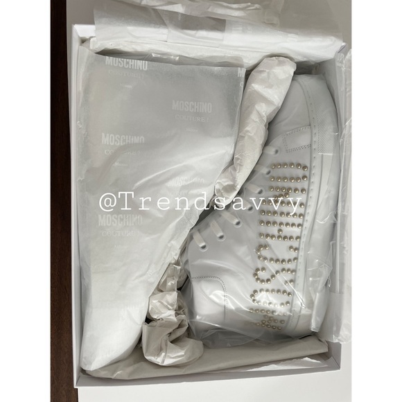MOSCHINO Leather High Top Sneaker Logo Stud Lace Up White Shoes 8 NWT AUTHENTIC - Picture 15 of 16